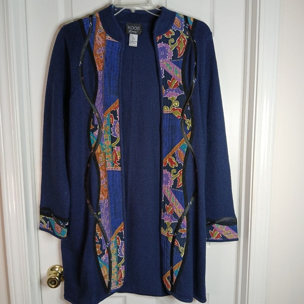 Vintage Koos of Course Blue with Colorful Quilted Trim Cardigan Size medium